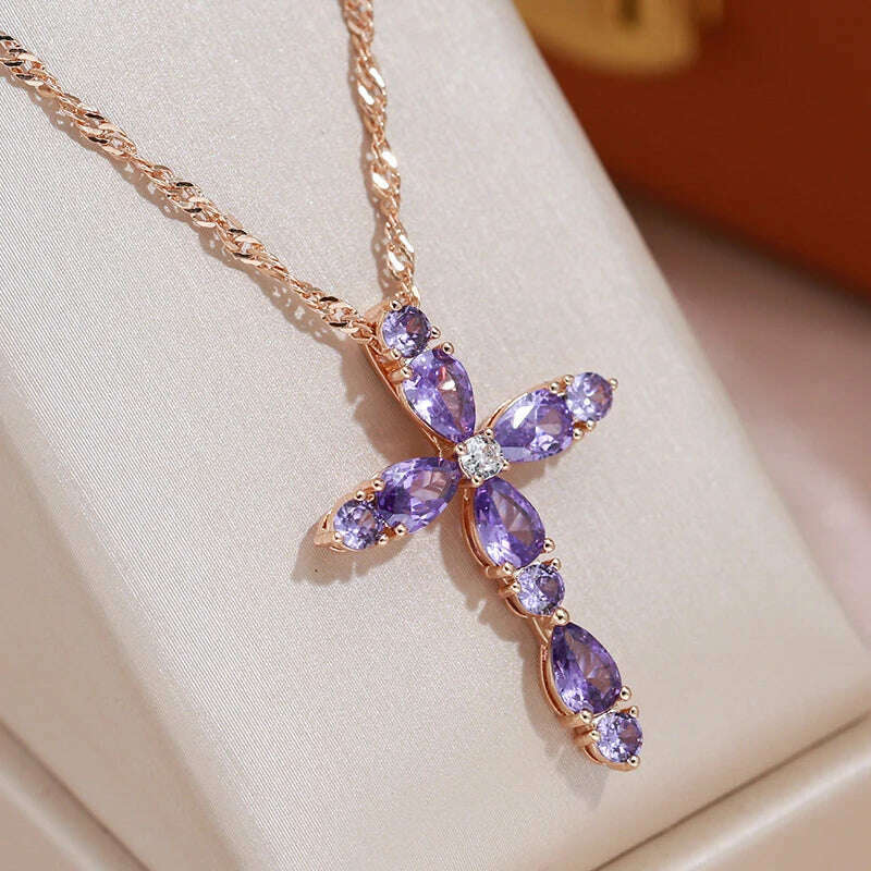 JULYDREAM Full Geometric Purple Zircon Cross Pendant Gold Color Water Wave Chain Luxury Necklace for Women Sparkling Jewelry - KIMLUD