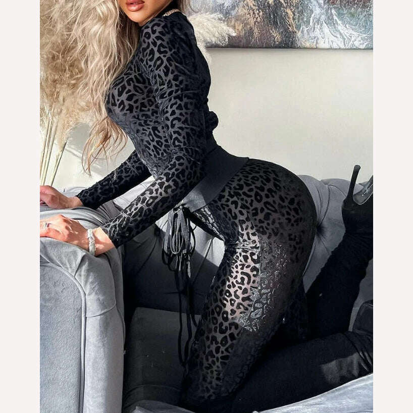 KIMLUD, Jumpsuit Women 2023 Spring Fashion Leopard Print Mock Neck Casual Long Sleeve Skinny Daily Semi-Sheer Jumpsuit Y2K Streetwear, A / S, KIMLUD APPAREL - Womens Clothes