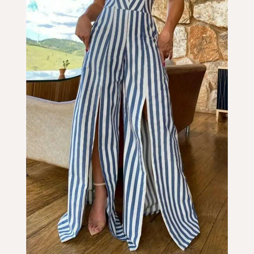 KIMLUD, Jumpsuit Women 2024 Summer Fashion Striped Print Split Thigh Sweetheart Neck Tied Detail Casual Wide Leg Vacation Jumpsuit, KIMLUD Womens Clothes