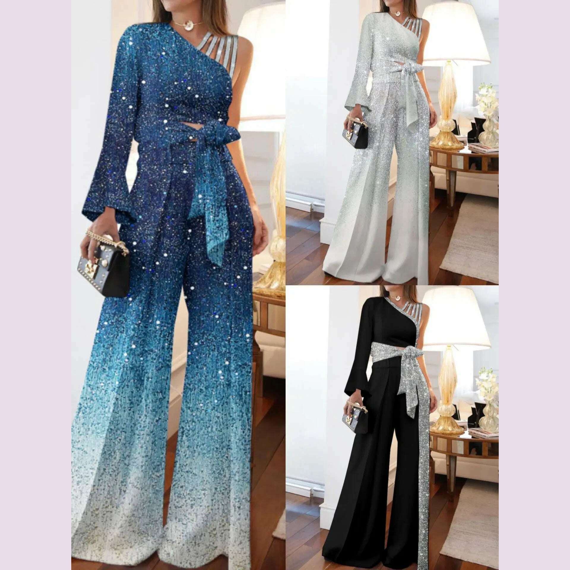 Jumpsuits Women Sequins Splice Wide Leg Pants Casual One Shoulder Irregular High Waist Lace Up Rompers Loose Summer 2024 - KIMLUD