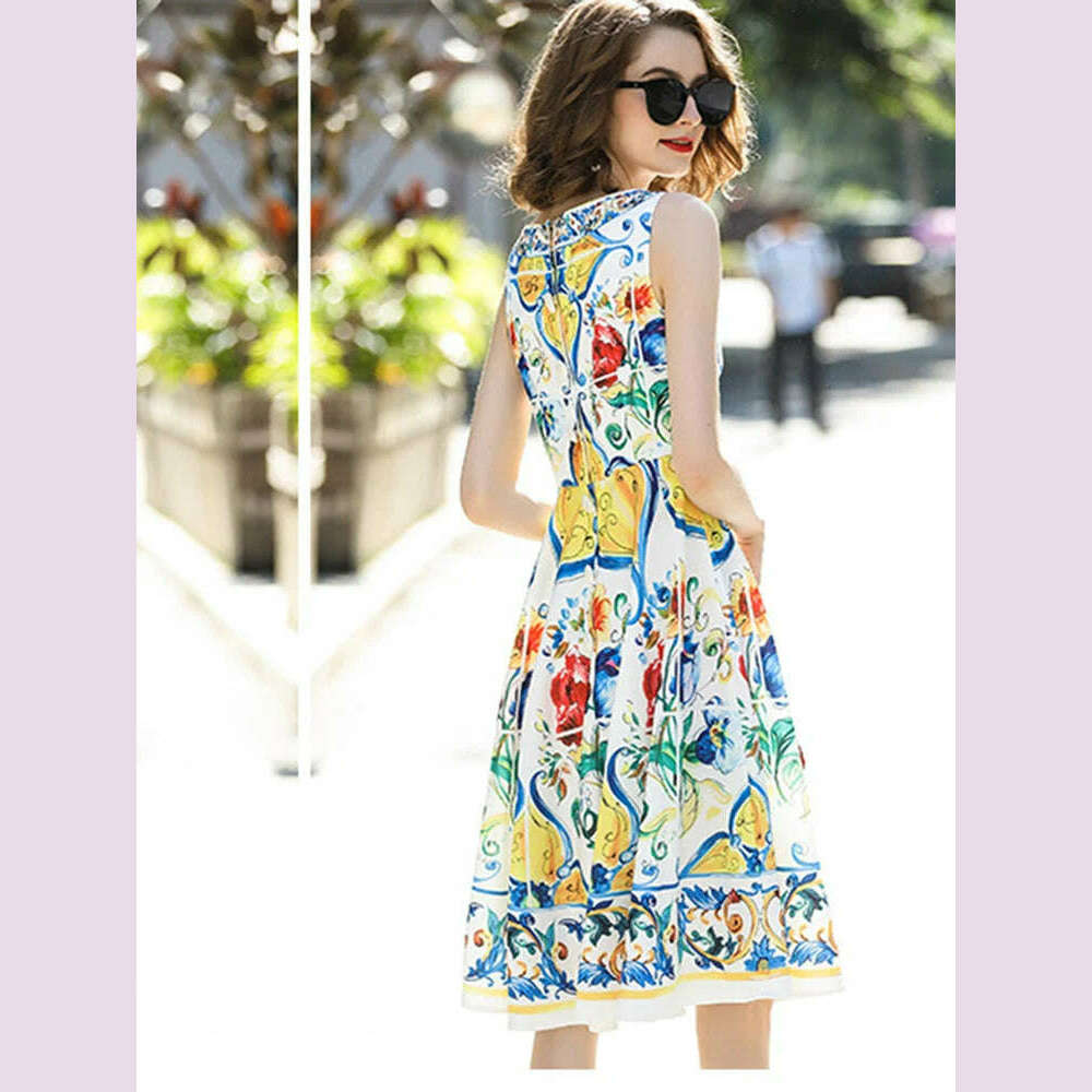 JUNLINNA Summer Fashion High Street Dress Women' Sleeveless Tank Gorgeous Floral Printed Vestidos Beach Holiday - KIMLUD