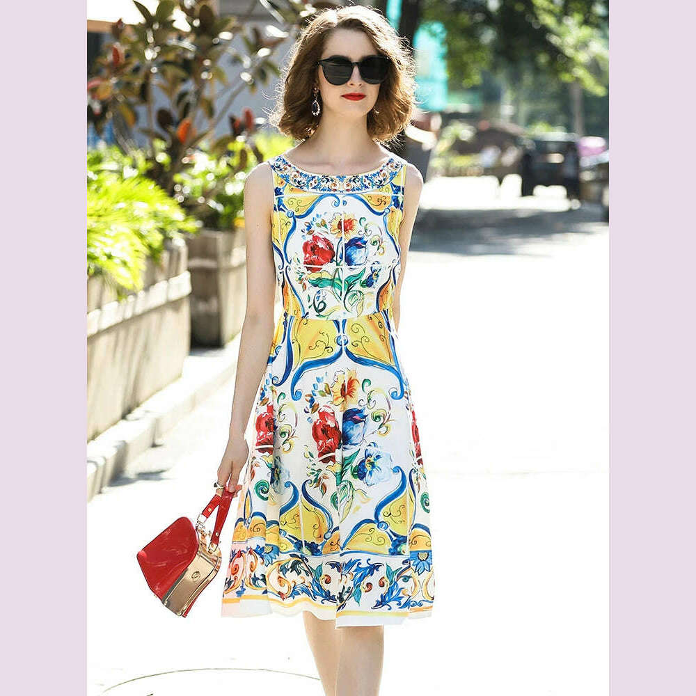 JUNLINNA Summer Fashion High Street Dress Women' Sleeveless Tank Gorgeous Floral Printed Vestidos Beach Holiday - KIMLUD