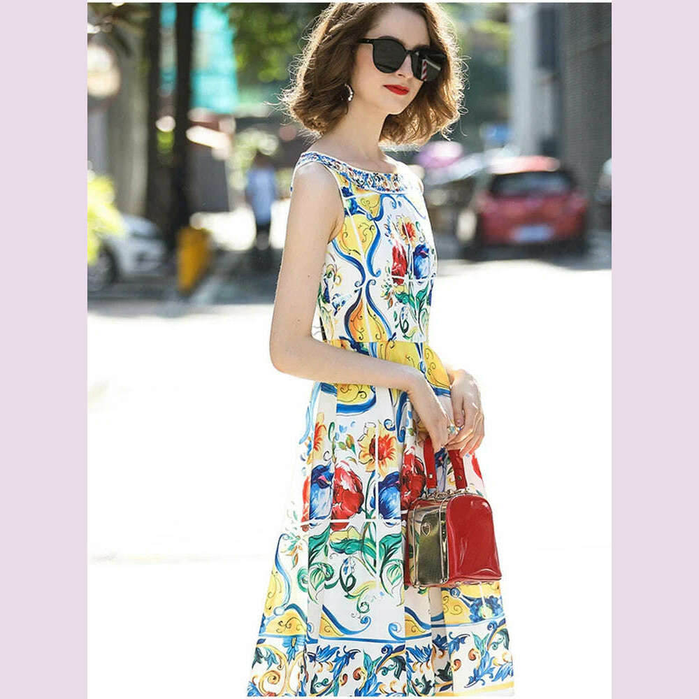 JUNLINNA Summer Fashion High Street Dress Women' Sleeveless Tank Gorgeous Floral Printed Vestidos Beach Holiday - KIMLUD