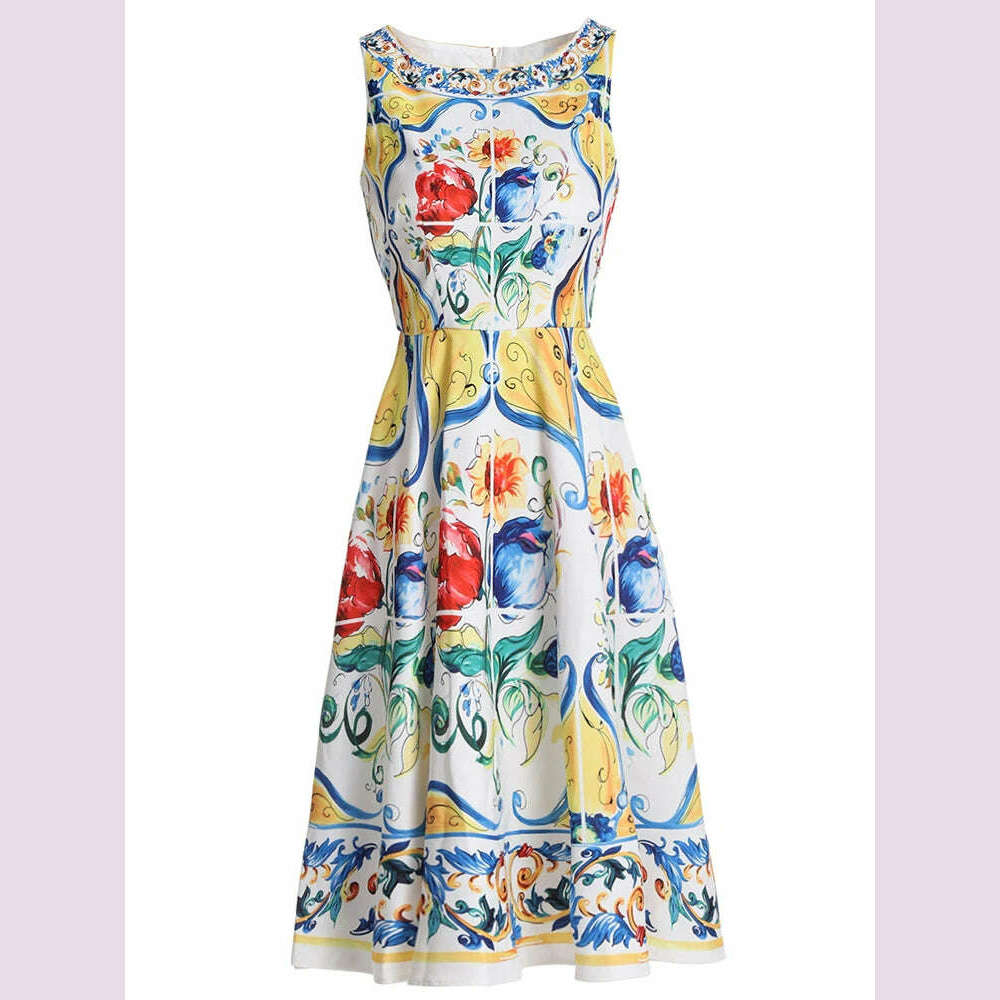 JUNLINNA Summer Fashion High Street Dress Women' Sleeveless Tank Gorgeous Floral Printed Vestidos Beach Holiday - KIMLUD