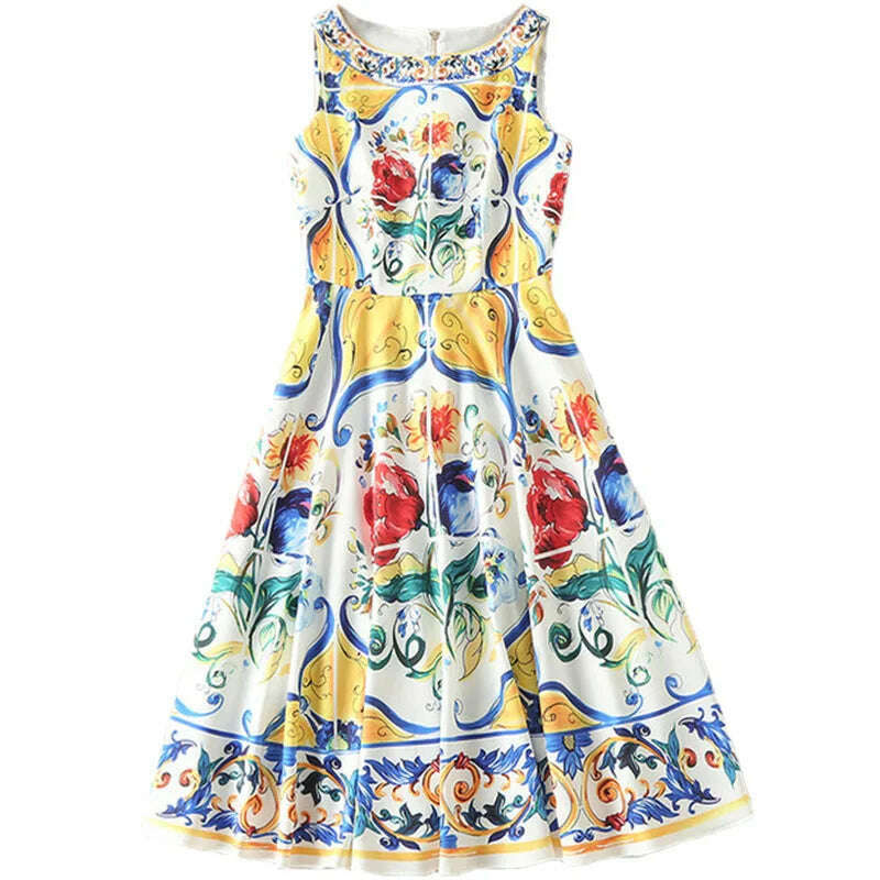 JUNLINNA Summer Fashion High Street Dress Women' Sleeveless Tank Gorgeous Floral Printed Vestidos Beach Holiday - KIMLUD