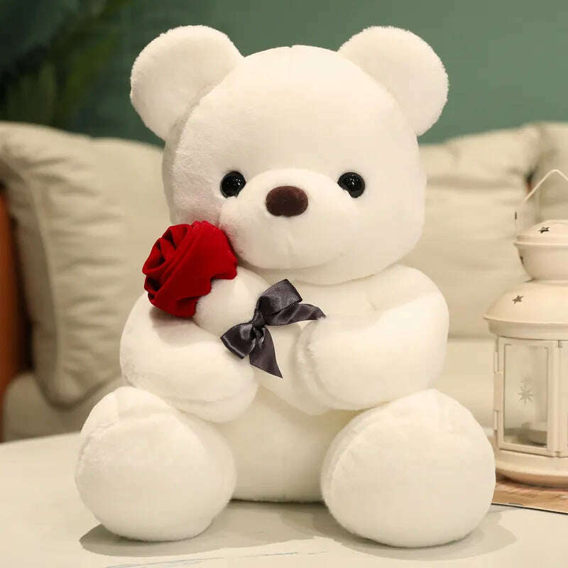 Kawaii Teddy Bear with Roses Plush Toy Soft Bear Stuffed Doll Romantic Gift for Lover Home Decor Valentine's Day Gifts for Girls - KIMLUD