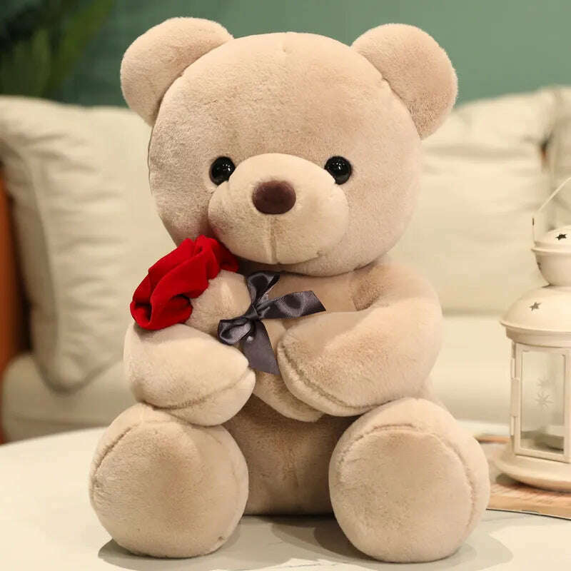 KIMLUD, Kawaii Teddy Bear with Roses Plush Toy Soft Bear Stuffed Doll Romantic Gift for Lover Home Decor Valentine's Day Gifts for Girls, Brown / 23cm, KIMLUD APPAREL - Womens Clothes