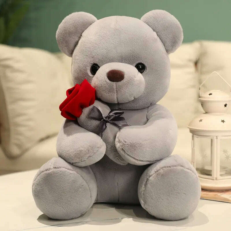 KIMLUD, Kawaii Teddy Bear with Roses Plush Toy Soft Bear Stuffed Doll Romantic Gift for Lover Home Decor Valentine's Day Gifts for Girls, GRAY / 23cm, KIMLUD APPAREL - Womens Clothes