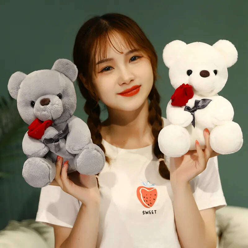 Kawaii Teddy Bear with Roses Plush Toy Soft Bear Stuffed Doll Romantic Gift for Lover Home Decor Valentine's Day Gifts for Girls - KIMLUD