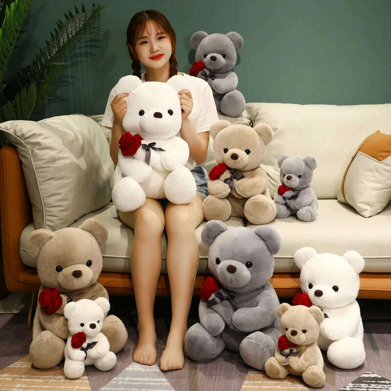 Kawaii Teddy Bear with Roses Plush Toy Soft Bear Stuffed Doll Romantic Gift for Lover Home Decor Valentine's Day Gifts for Girls - KIMLUD