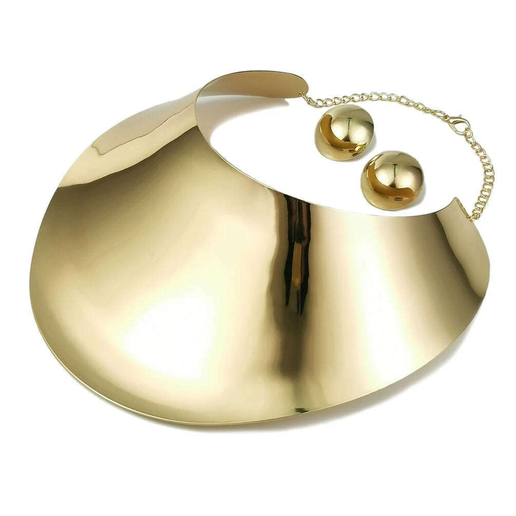 KDLUN Indian Jewelry Sets Gold Color Metal Exaggerated Torque Big Bib Collar Choker Necklace Earrings Bracelet Set African Women - KIMLUD