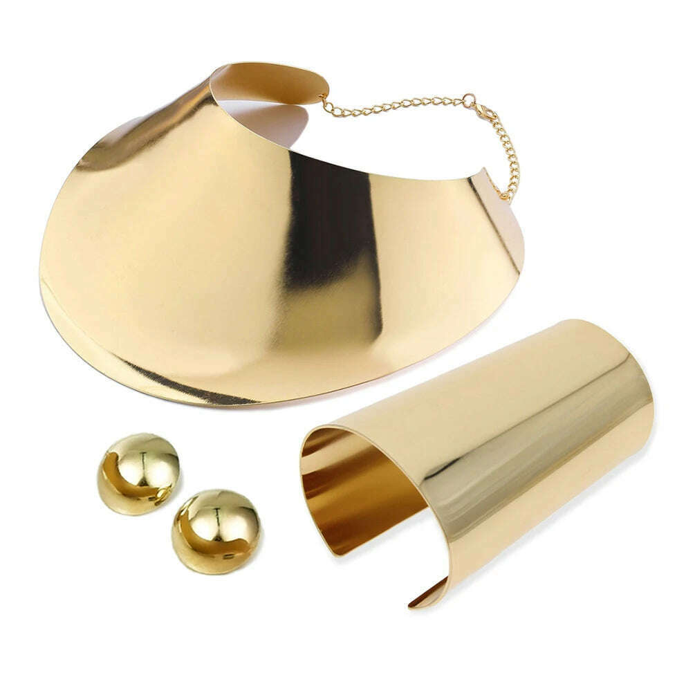 KDLUN Indian Jewelry Sets Gold Color Metal Exaggerated Torque Big Bib Collar Choker Necklace Earrings Bracelet Set African Women - KIMLUD