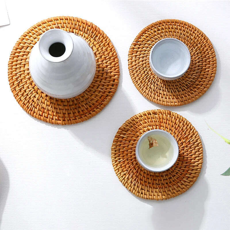 KIMLUD, KEMORELA 1PC Round Natural Rattan Coasters Bowl Pad Handmade Padding Cup Mat Insulation Placemats Kitchen Decoration Accessories, KIMLUD Womens Clothes