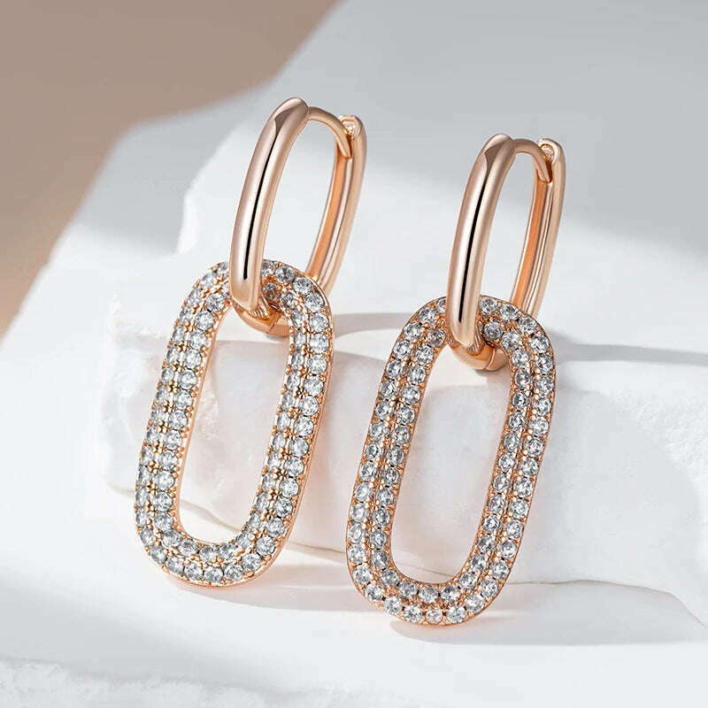 Kinel Geometric Oval Rectangle Full Natural Zircon Hoop Earrings For Women 585 Rose Gold Color Daily Fine Elegant Female Jewelry - KIMLUD