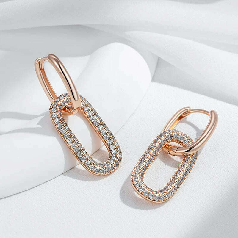 Kinel Geometric Oval Rectangle Full Natural Zircon Hoop Earrings For Women 585 Rose Gold Color Daily Fine Elegant Female Jewelry - KIMLUD