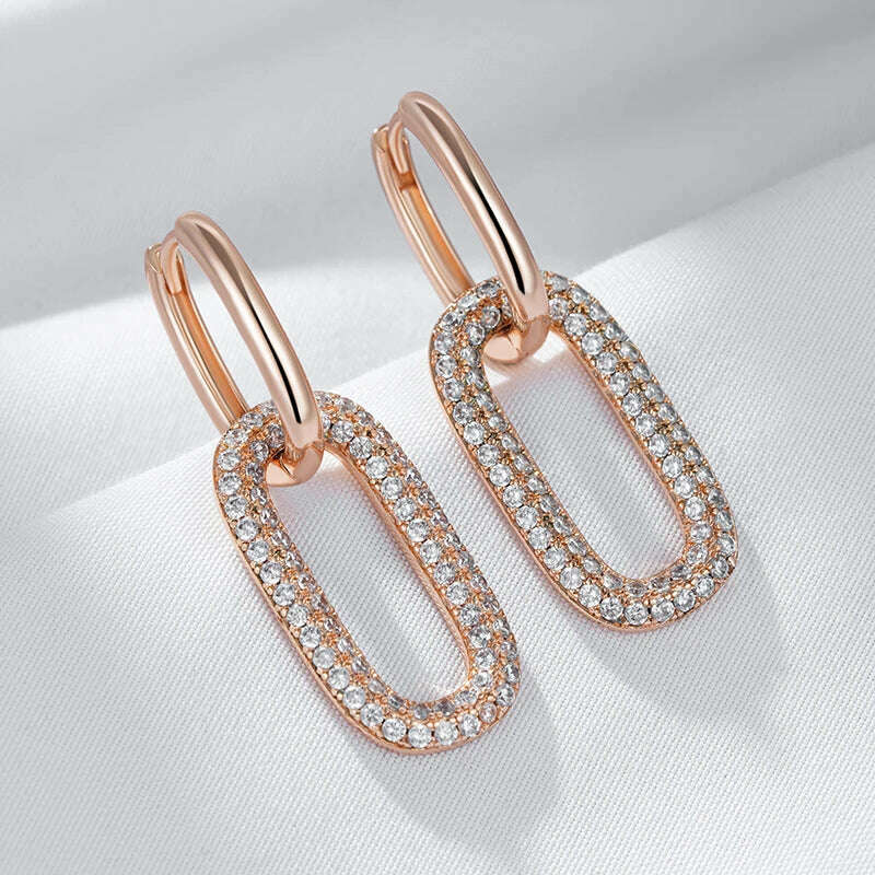 KIMLUD, Kinel Geometric Oval Rectangle Full Natural Zircon Hoop Earrings For Women 585 Rose Gold Color Daily Fine Elegant Female Jewelry, KIMLUD Womens Clothes