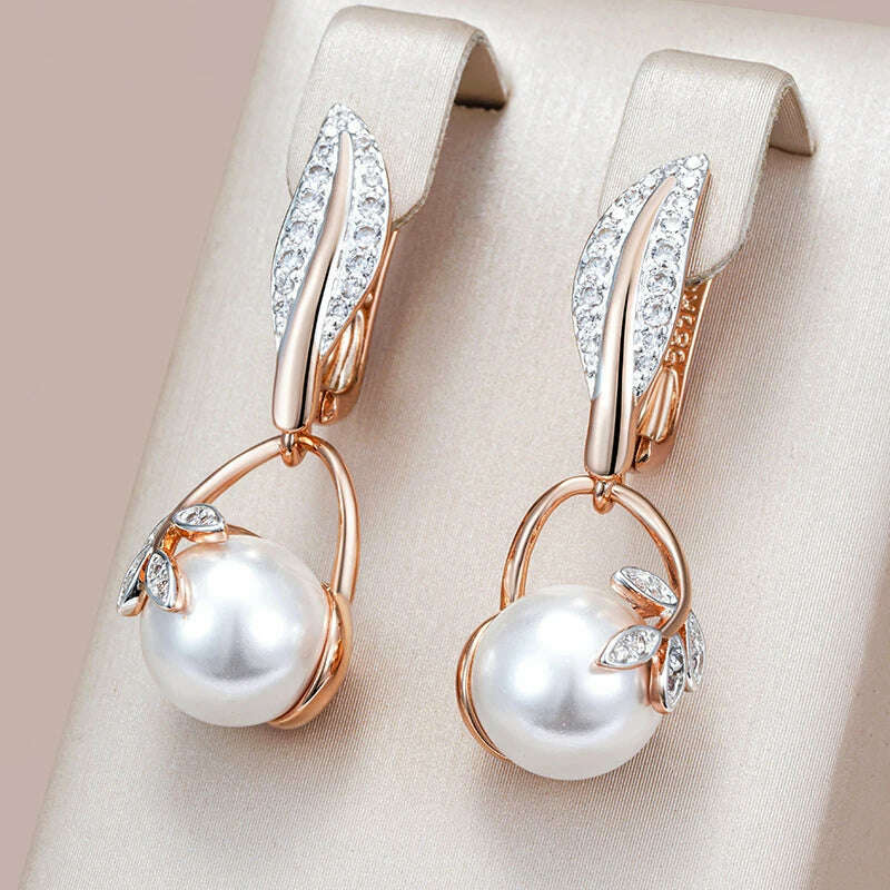 Kinel Hot Fashion Crystal Flower Pearl Drop Earrings for Women 585 Rose Gold Silver Color Mix Boho Ethnic Wedding Jewelry Gift - KIMLUD