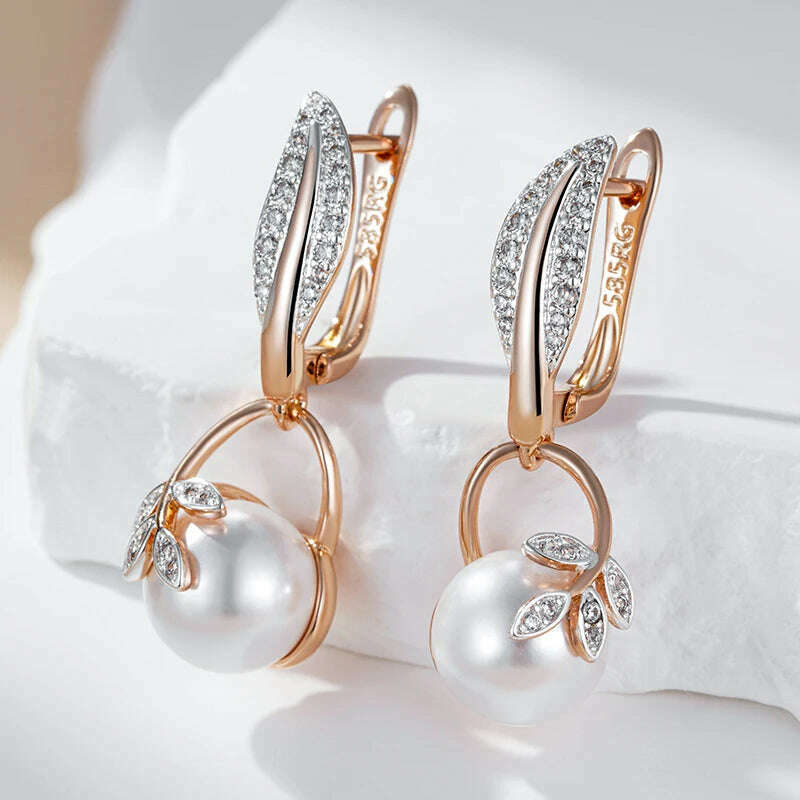 Kinel Hot Fashion Crystal Flower Pearl Drop Earrings for Women 585 Rose Gold Silver Color Mix Boho Ethnic Wedding Jewelry Gift - KIMLUD