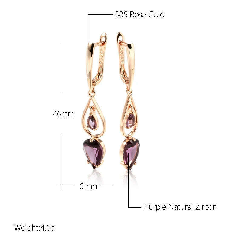 KIMLUD, Kinel Hot Purple Natural Zircon Long Drop Earrings for Women Fashion 585 Rose Gold Water Drop Accessories Wedding Daily Jewelry, KIMLUD Womens Clothes