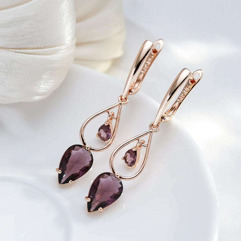 KIMLUD, Kinel Hot Purple Natural Zircon Long Drop Earrings for Women Fashion 585 Rose Gold Water Drop Accessories Wedding Daily Jewelry, KIMLUD Womens Clothes