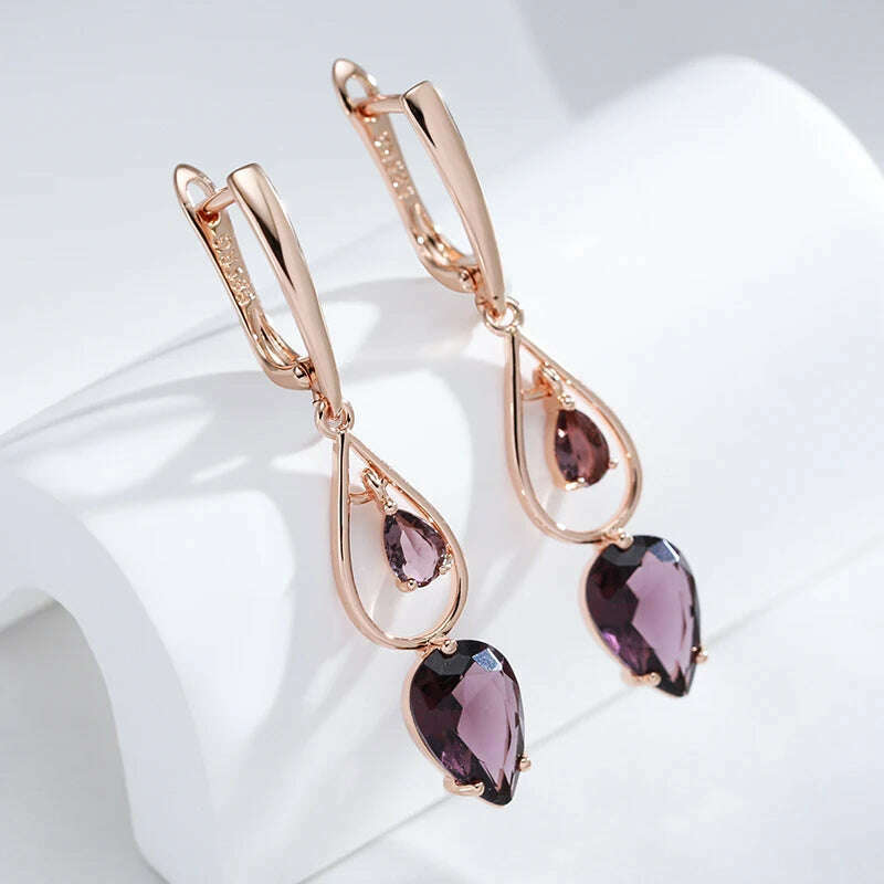 Kinel Hot Purple Natural Zircon Long Drop Earrings for Women Fashion 585 Rose Gold Water Drop Accessories Wedding Daily Jewelry - KIMLUD