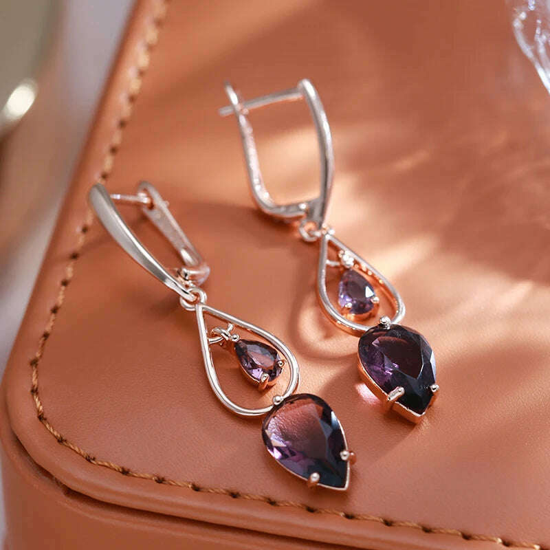 Kinel Hot Purple Natural Zircon Long Drop Earrings for Women Fashion 585 Rose Gold Water Drop Accessories Wedding Daily Jewelry - KIMLUD