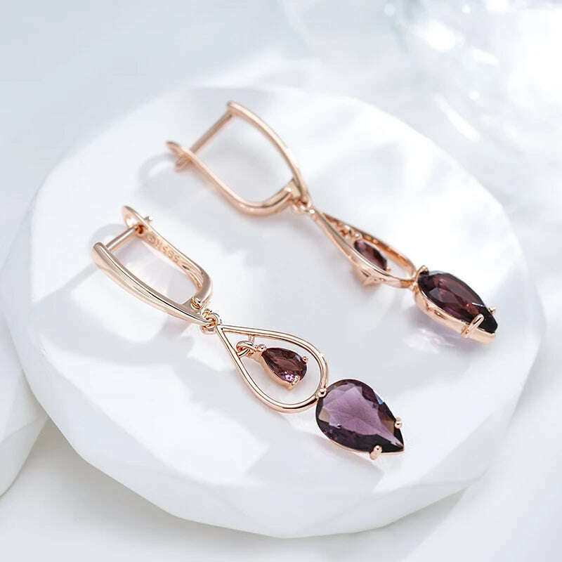 Kinel Hot Purple Natural Zircon Long Drop Earrings for Women Fashion 585 Rose Gold Water Drop Accessories Wedding Daily Jewelry - KIMLUD