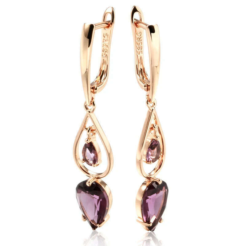 KIMLUD, Kinel Hot Purple Natural Zircon Long Drop Earrings for Women Fashion 585 Rose Gold Water Drop Accessories Wedding Daily Jewelry, H1194, KIMLUD APPAREL - Womens Clothes