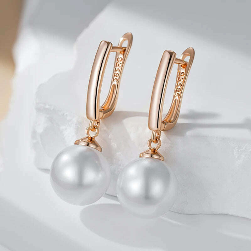 KIMLUD, Kinel Hot Simple 10mm 12mm 16mm Pearl Drop Earrings for Women Luxury 585 Rose Gold Color Bridal Daily Earrings Wedding Jewelry, KIMLUD Womens Clothes