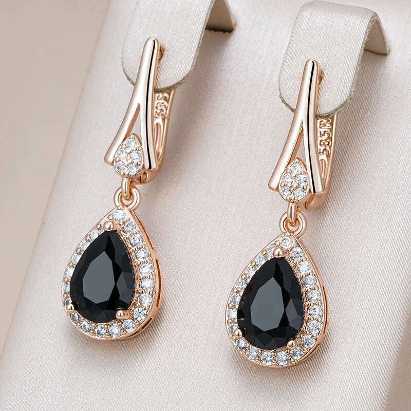 Kinel Hot Sparkling Black Natural Zircon Long Drop Earrings Women 585 Rose Gold Color Vintage Wedding Party Fine Daily Jewelry - KIMLUD