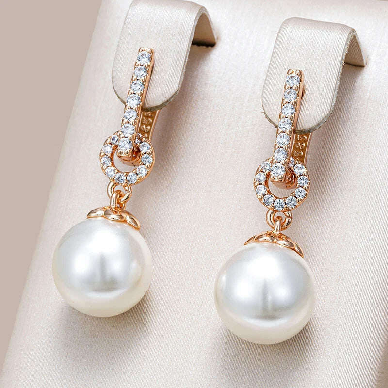 KIMLUD, Kinel Luxury 585 Rose Gold Color Pearl Drop Earrings Women Unique Geometric Full Natural Zircon Accessories Daily Jewelry Gift, KIMLUD Womens Clothes