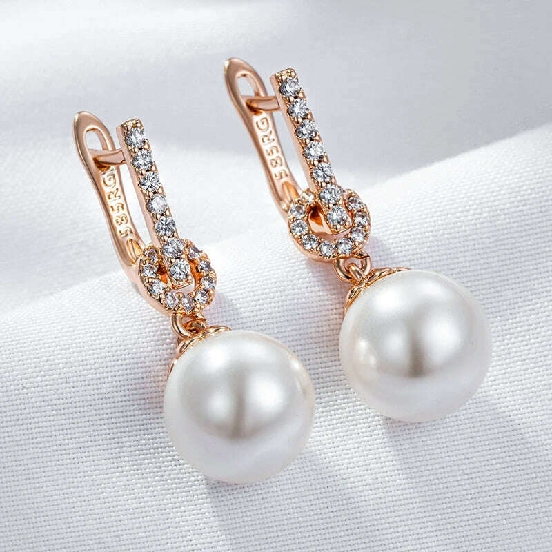 KIMLUD, Kinel Luxury 585 Rose Gold Color Pearl Drop Earrings Women Unique Geometric Full Natural Zircon Accessories Daily Jewelry Gift, KIMLUD Womens Clothes