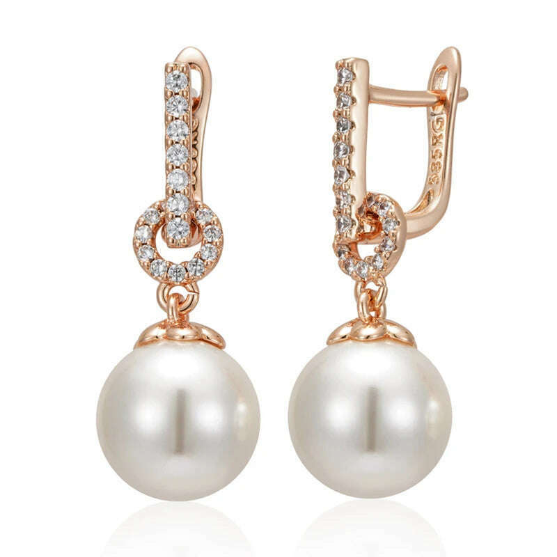 KIMLUD, Kinel Luxury 585 Rose Gold Color Pearl Drop Earrings Women Unique Geometric Full Natural Zircon Accessories Daily Jewelry Gift, H1796, KIMLUD APPAREL - Womens Clothes