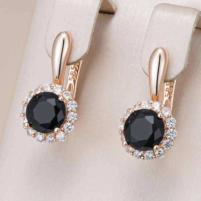 Kinel Sparkling Black Round Natural Zircon English Earrings Women 585 Rose Gold Color Vintage Wedding Party Fine Daily Jewelry - KIMLUD