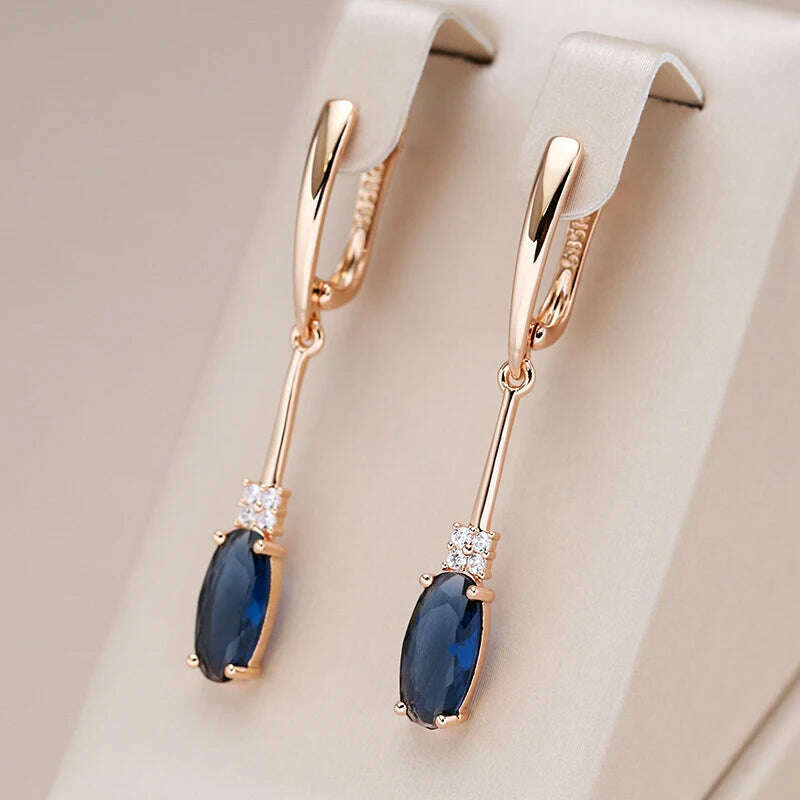 KIMLUD, Kinel Unusual Shiny Oval Blue Natural Zircon Long Dangle Earrings for Women Luxury 585 Rose Gold Wedding Party Daily Jewelry, KIMLUD Womens Clothes