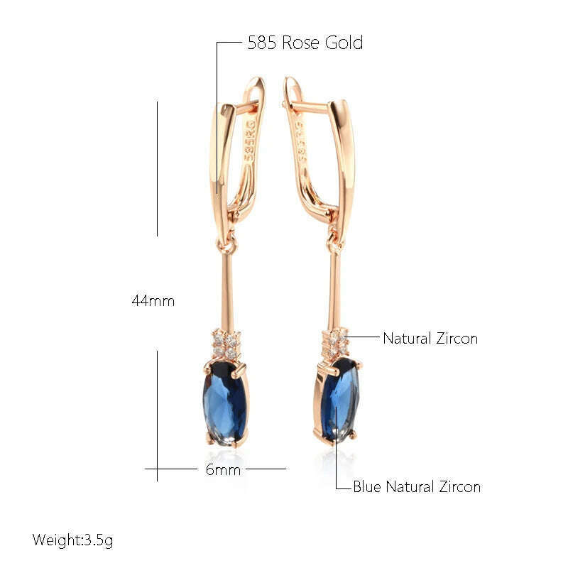 Kinel Unusual Shiny Oval Blue Natural Zircon Long Dangle Earrings for Women Luxury 585 Rose Gold Wedding Party Daily Jewelry - KIMLUD