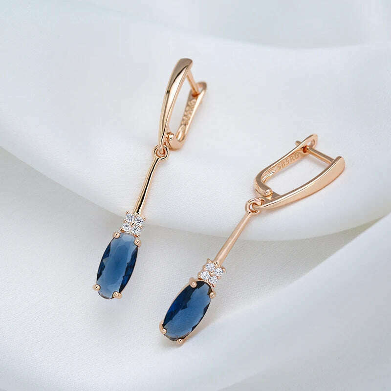 KIMLUD, Kinel Unusual Shiny Oval Blue Natural Zircon Long Dangle Earrings for Women Luxury 585 Rose Gold Wedding Party Daily Jewelry, KIMLUD Womens Clothes