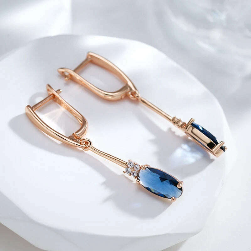 KIMLUD, Kinel Unusual Shiny Oval Blue Natural Zircon Long Dangle Earrings for Women Luxury 585 Rose Gold Wedding Party Daily Jewelry, KIMLUD Womens Clothes