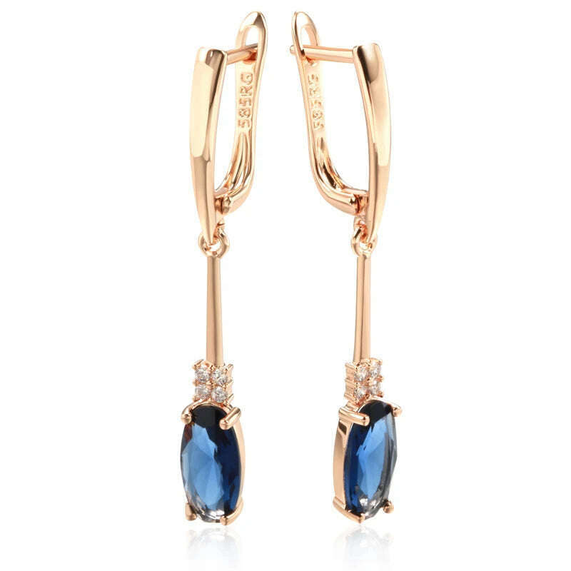 Kinel Unusual Shiny Oval Blue Natural Zircon Long Dangle Earrings for Women Luxury 585 Rose Gold Wedding Party Daily Jewelry - KIMLUD