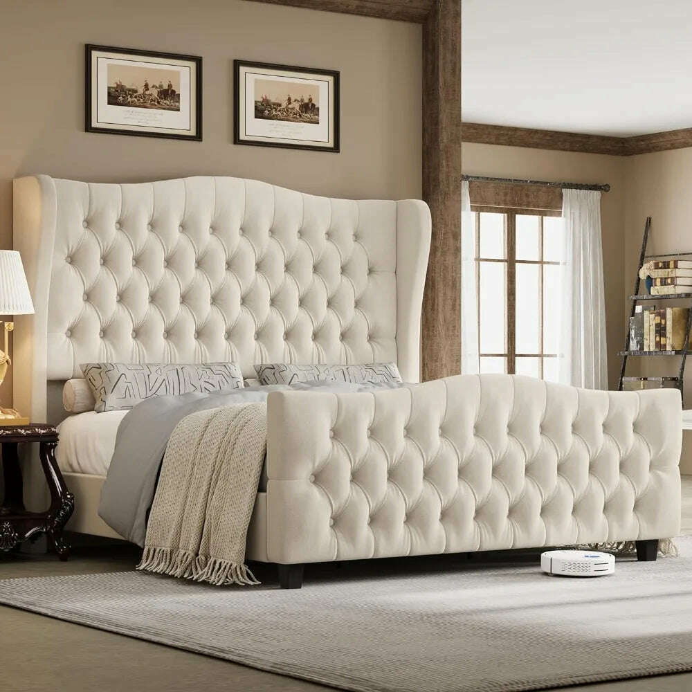 King Bed Frame with Velvet Upholstered Deep Button Tufted Wingback Headboard and Footboard, No Box Spring Needed, King Bed Frame - KIMLUD