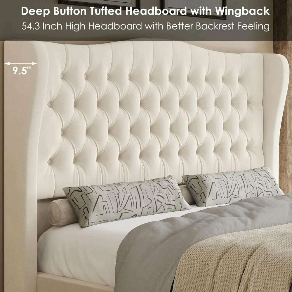 KIMLUD, King Bed Frame with Velvet Upholstered Deep Button Tufted Wingback Headboard and Footboard, No Box Spring Needed, King Bed Frame, KIMLUD Womens Clothes