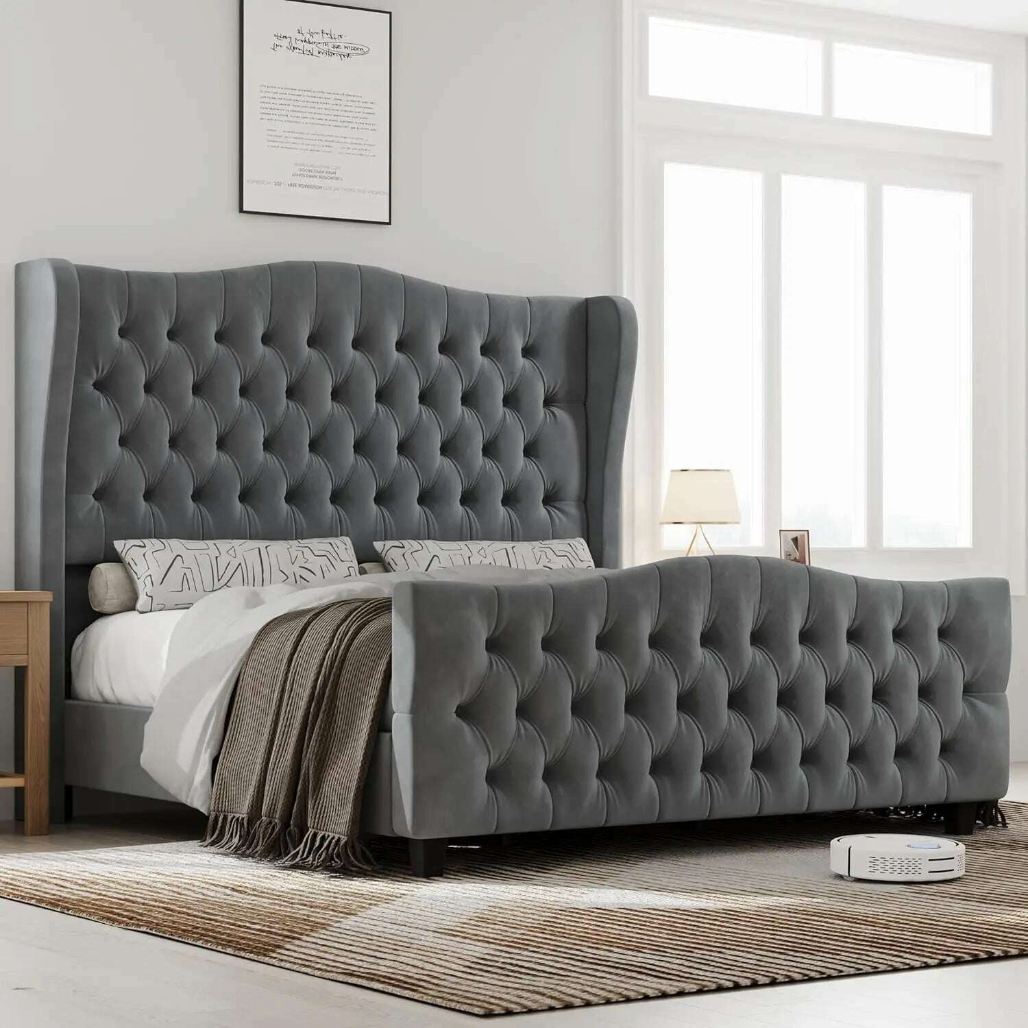 KIMLUD, King Bed Frame with Velvet Upholstered Deep Button Tufted Wingback Headboard and Footboard, No Box Spring Needed, King Bed Frame, Dark Grey / Full / United States, KIMLUD APPAREL - Womens Clothes