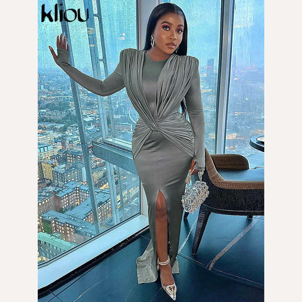 kliou Elegant Solid Maxi Dress Women Classic Cross Ruched Long Sleeve Split Body-shaping Robe Female High Street Party Vestidos - KIMLUD