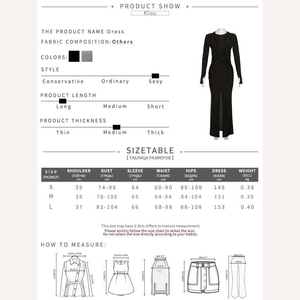 kliou Elegant Solid Maxi Dress Women Classic Cross Ruched Long Sleeve Split Body-shaping Robe Female High Street Party Vestidos - KIMLUD