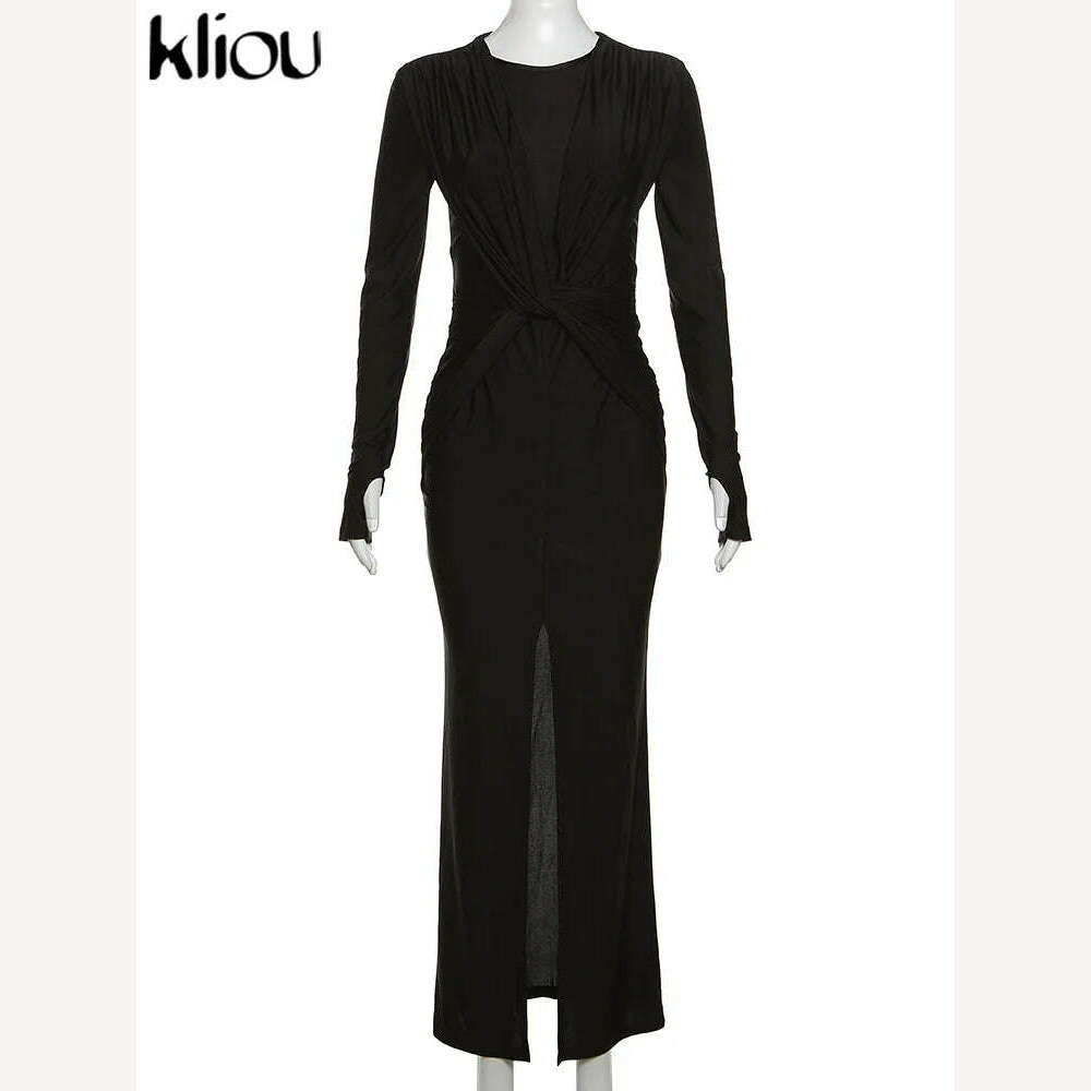 kliou Elegant Solid Maxi Dress Women Classic Cross Ruched Long Sleeve Split Body-shaping Robe Female High Street Party Vestidos - KIMLUD