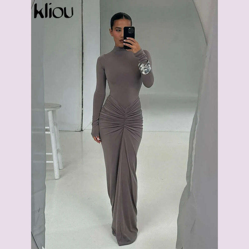 KIMLUD, kliou Shirring Women Classic Maxi Dress Autumn New Solid Long Sleeve High Collar Body-shaping Vestidos Mujer Concise Trend Robe, Coffee / L, KIMLUD APPAREL - Womens Clothes