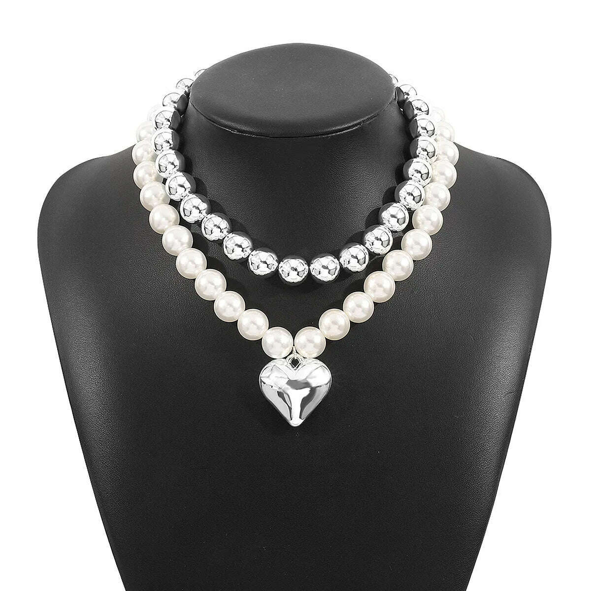 KIMLUD, KMVEXO Big CCB Ball Beaded Chain Heart Pendant Necklace for Women Trendy Choker Collar Neck Accessories 2024 Fashion Jewelry, X215 Pearl Silver, KIMLUD APPAREL - Womens Clothes