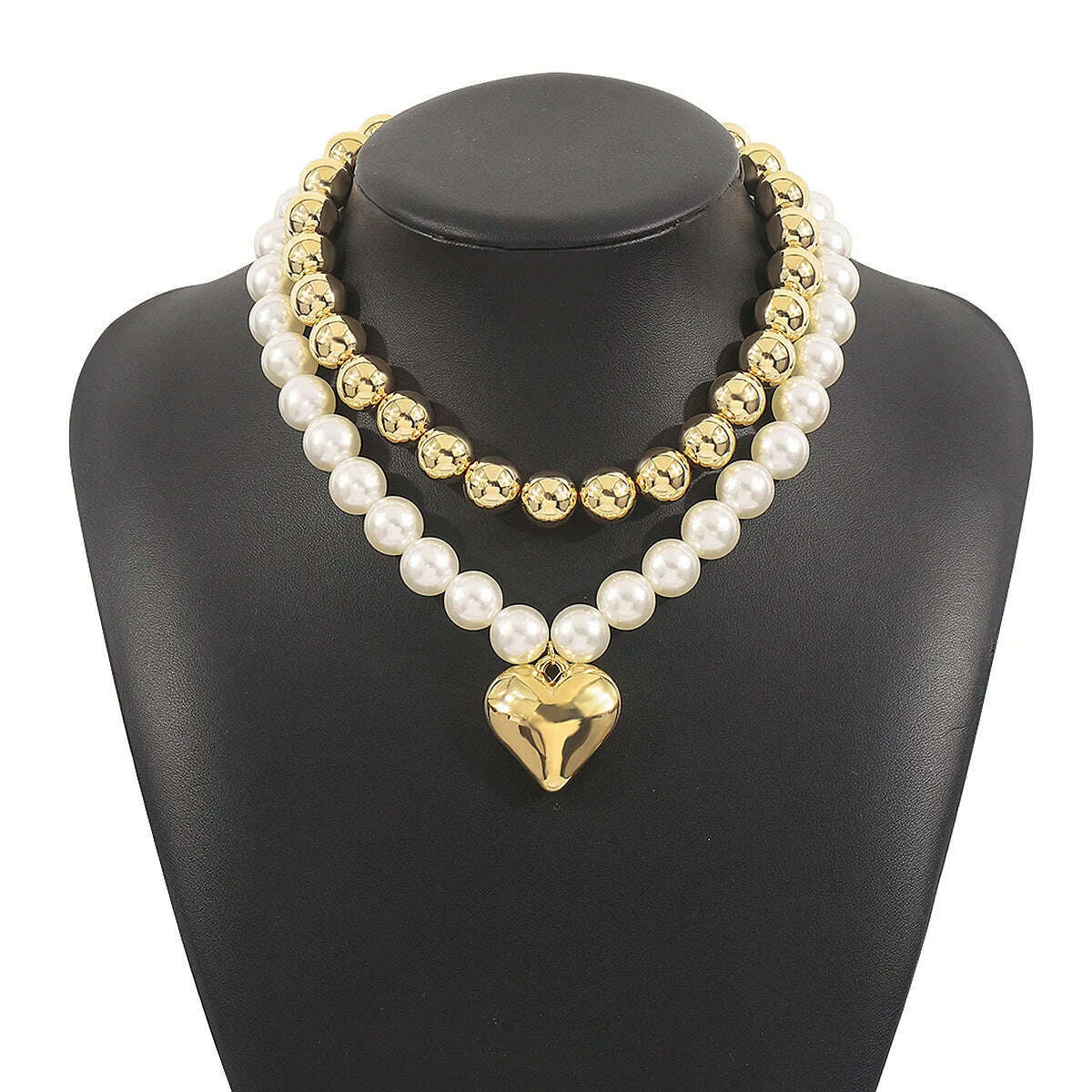 KIMLUD, KMVEXO Big CCB Ball Beaded Chain Heart Pendant Necklace for Women Trendy Choker Collar Neck Accessories 2024 Fashion Jewelry, X215 Pearl Gold, KIMLUD APPAREL - Womens Clothes