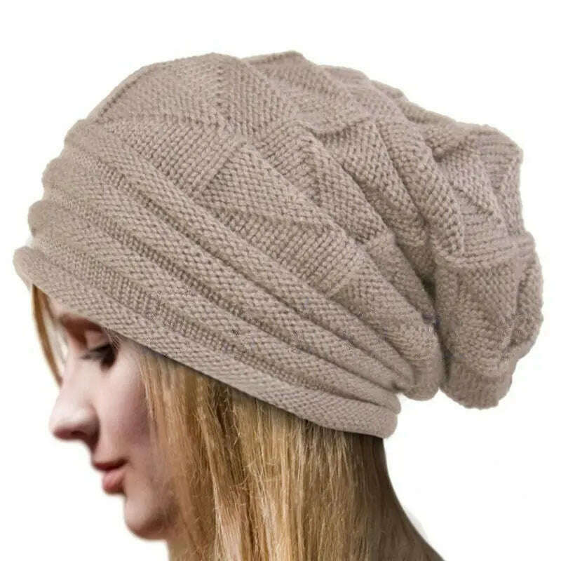 KIMLUD, Knitted Baggy Beanie Oversized Winter Hat Ski Slouchy Cap Skullies Beanies Women Men Winter Wool Warm Cap Beanies Unisex, Beige, KIMLUD APPAREL - Womens Clothes