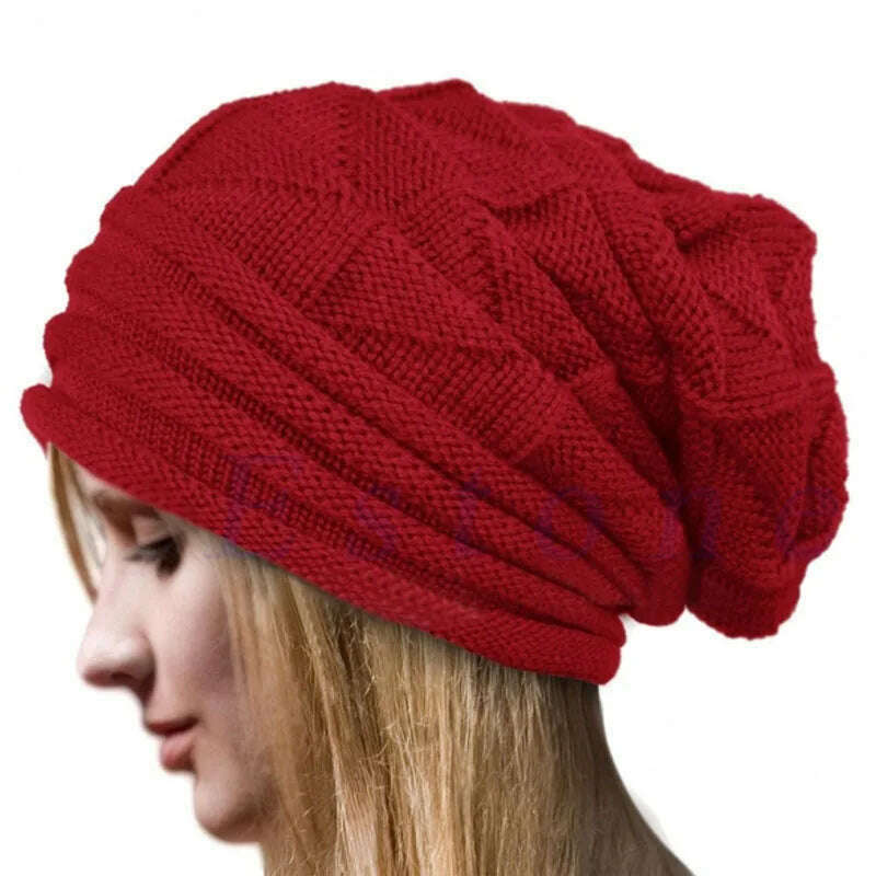 KIMLUD, Knitted Baggy Beanie Oversized Winter Hat Ski Slouchy Cap Skullies Beanies Women Men Winter Wool Warm Cap Beanies Unisex, Red, KIMLUD APPAREL - Womens Clothes